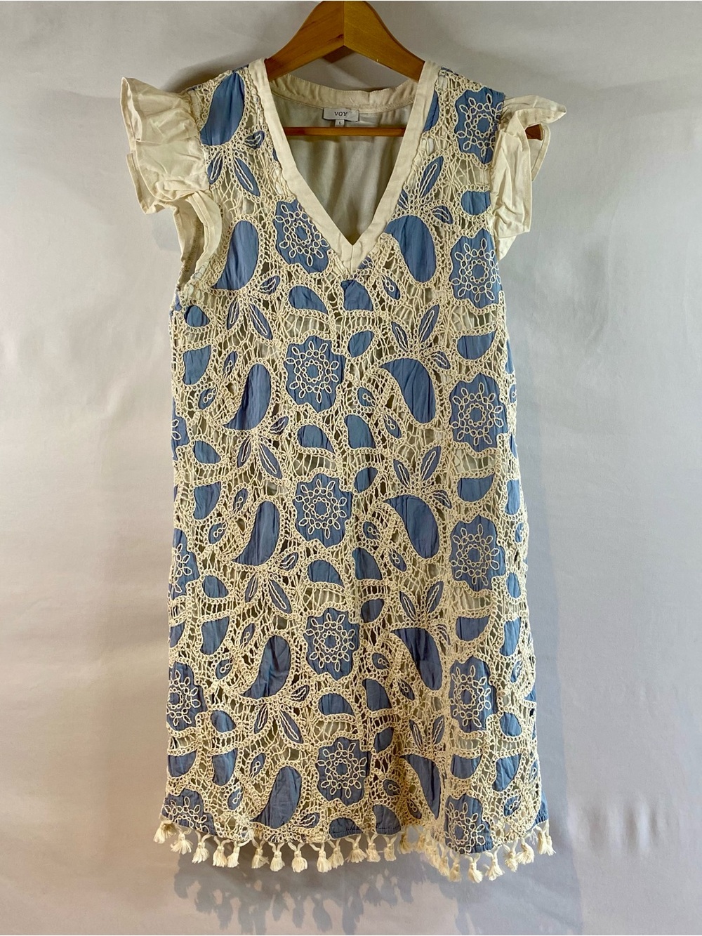 VOY Slate Blue Knit Fit and Flare Dress Cream Lace Crochet Overlay, Size L